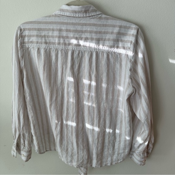 LOFT Women's Beige Linen Striped Button-Down Shirt - Picture 2 of 4